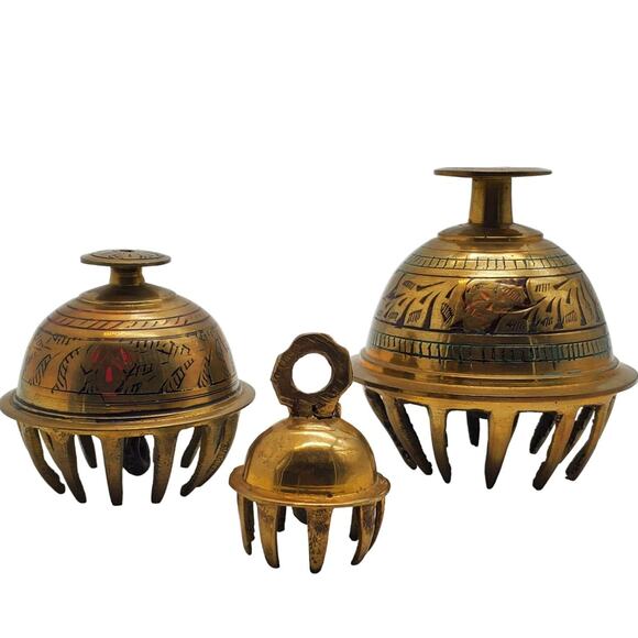 3 Brass Claw Bells Elephant Engraved Enameled Etched Vintage India Rustic Decor - Picture 1 of 15
